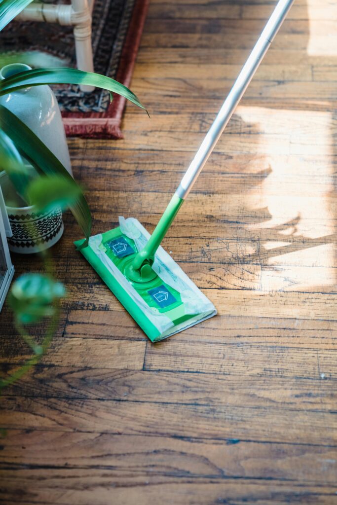 A high angle shot of a mop cleaning a wooden floor with natural light and indoor plants.